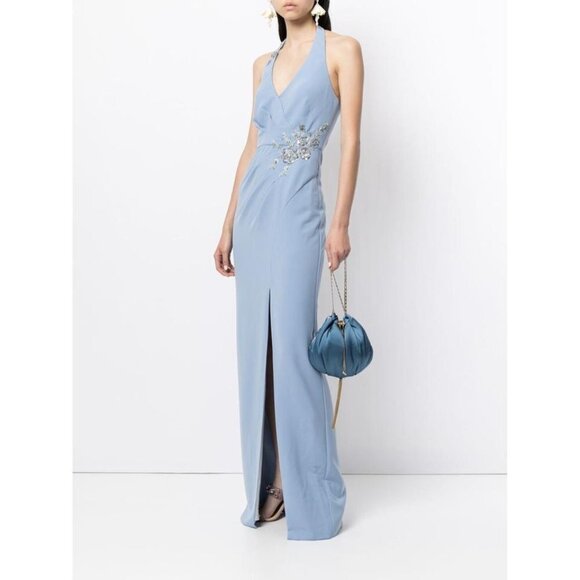 Marchesa Notte Dusty Blue Halter V-neck Embellished Crepe Formal Dress - Picture 1 of 4